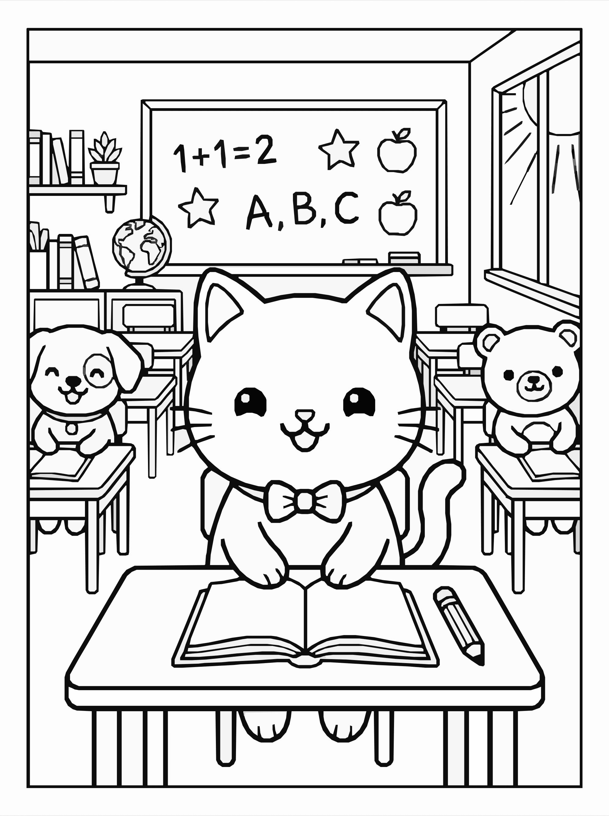 Kawaii Cat School Coloring Page – Classroom Scene A4