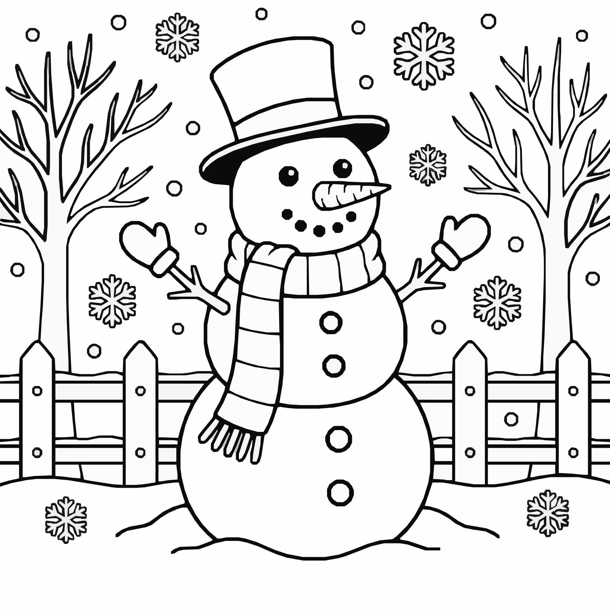 Snowman Coloring Page – Winter Garden Scene Printable