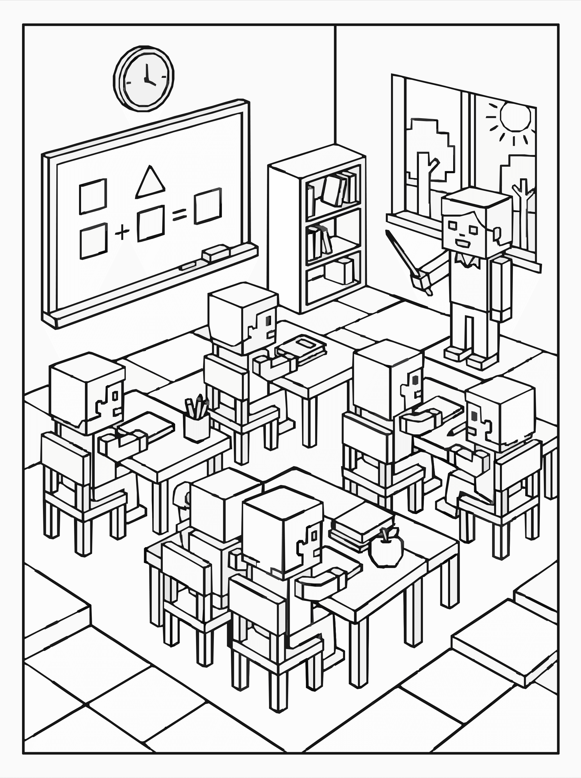 Roblox School Scene Coloring Page – Block Classroom A4