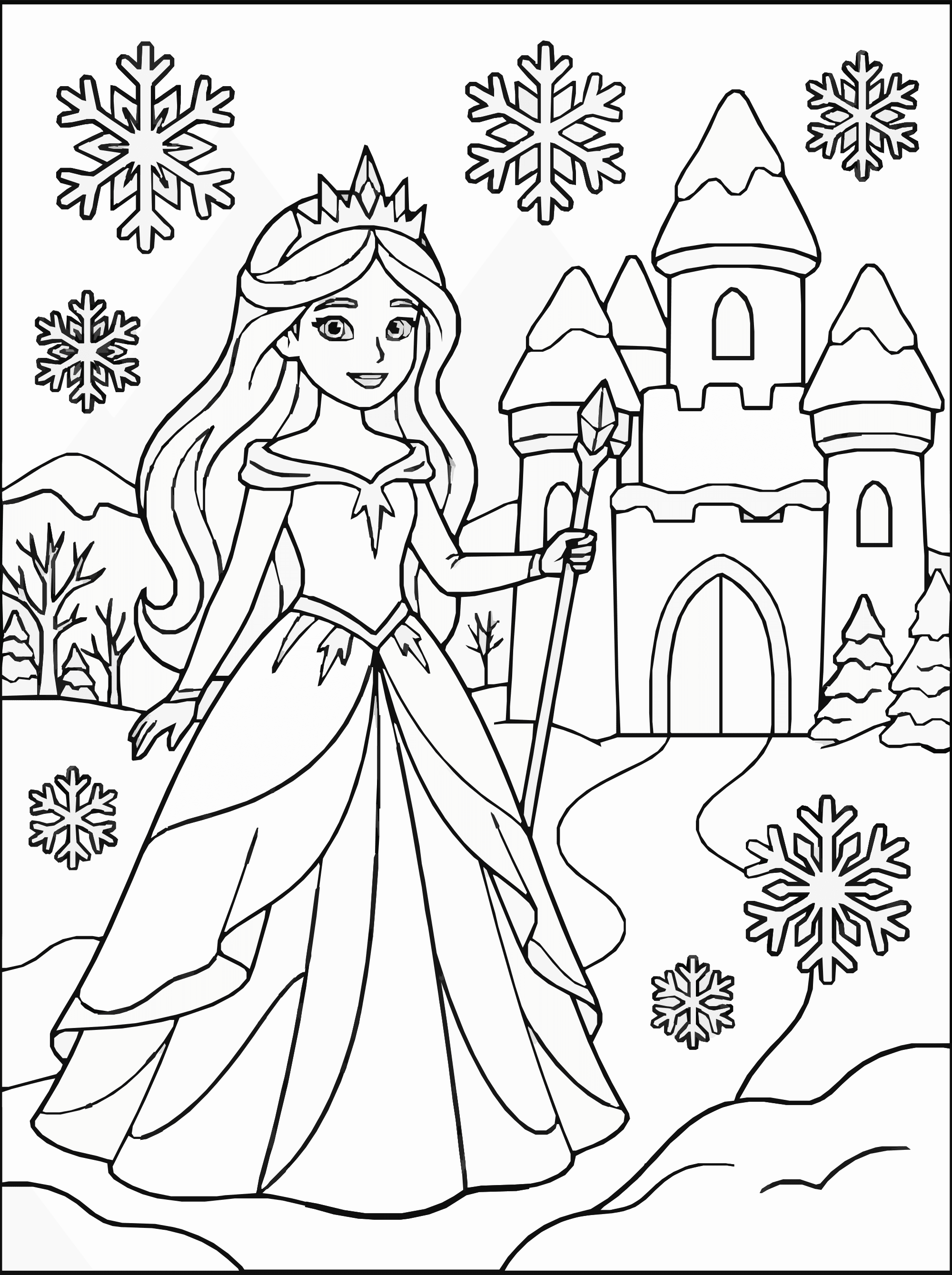 Ice Princess Coloring Page – Snowflake Castle Printable