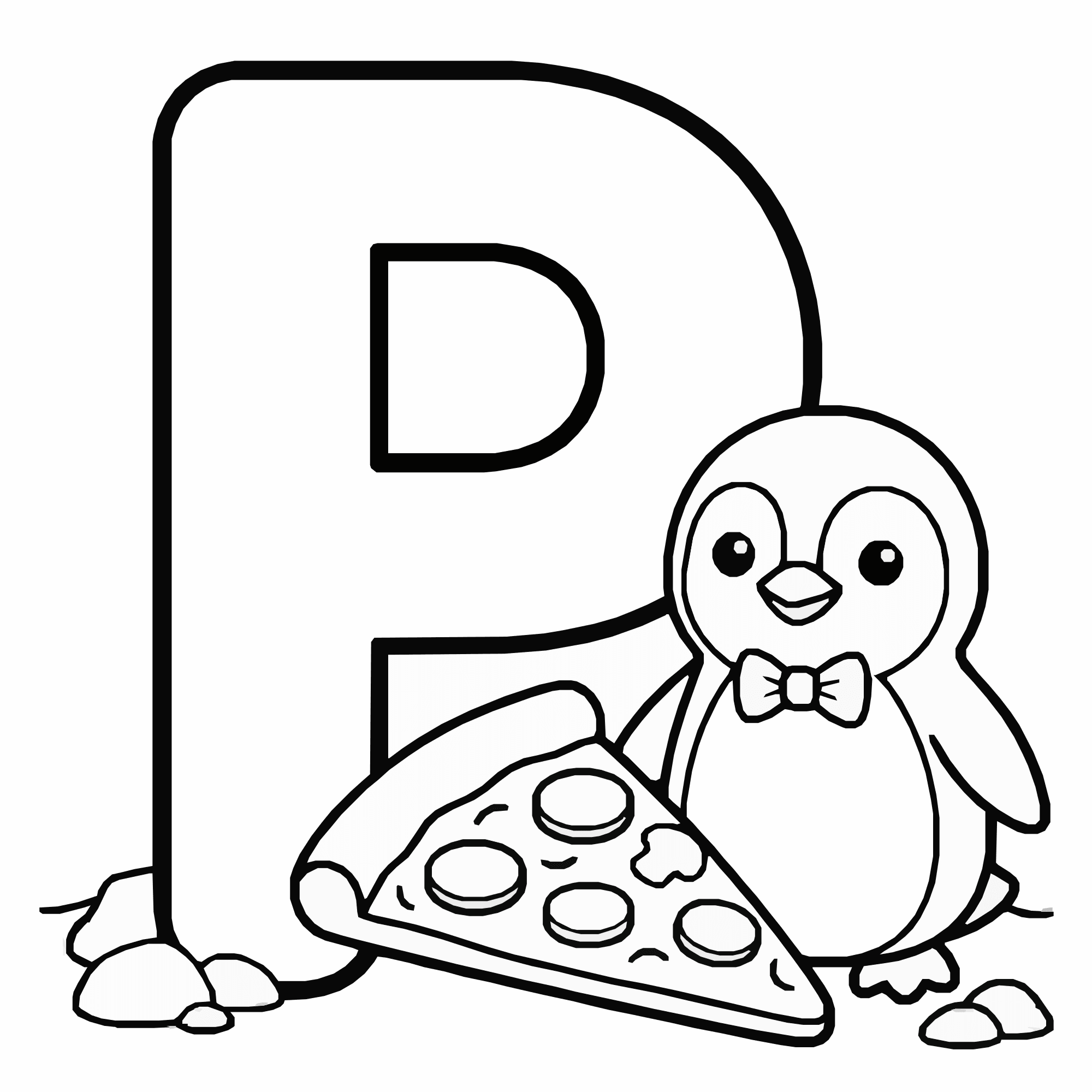 Letter P Coloring Page – Penguin and Pizza Alphabet Printable for Kids