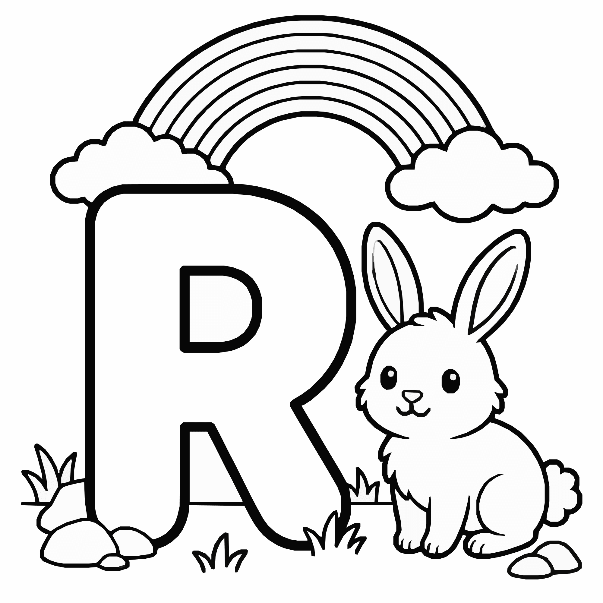 Letter R Coloring Page – Rabbit and Rainbow Alphabet Printable for Kids