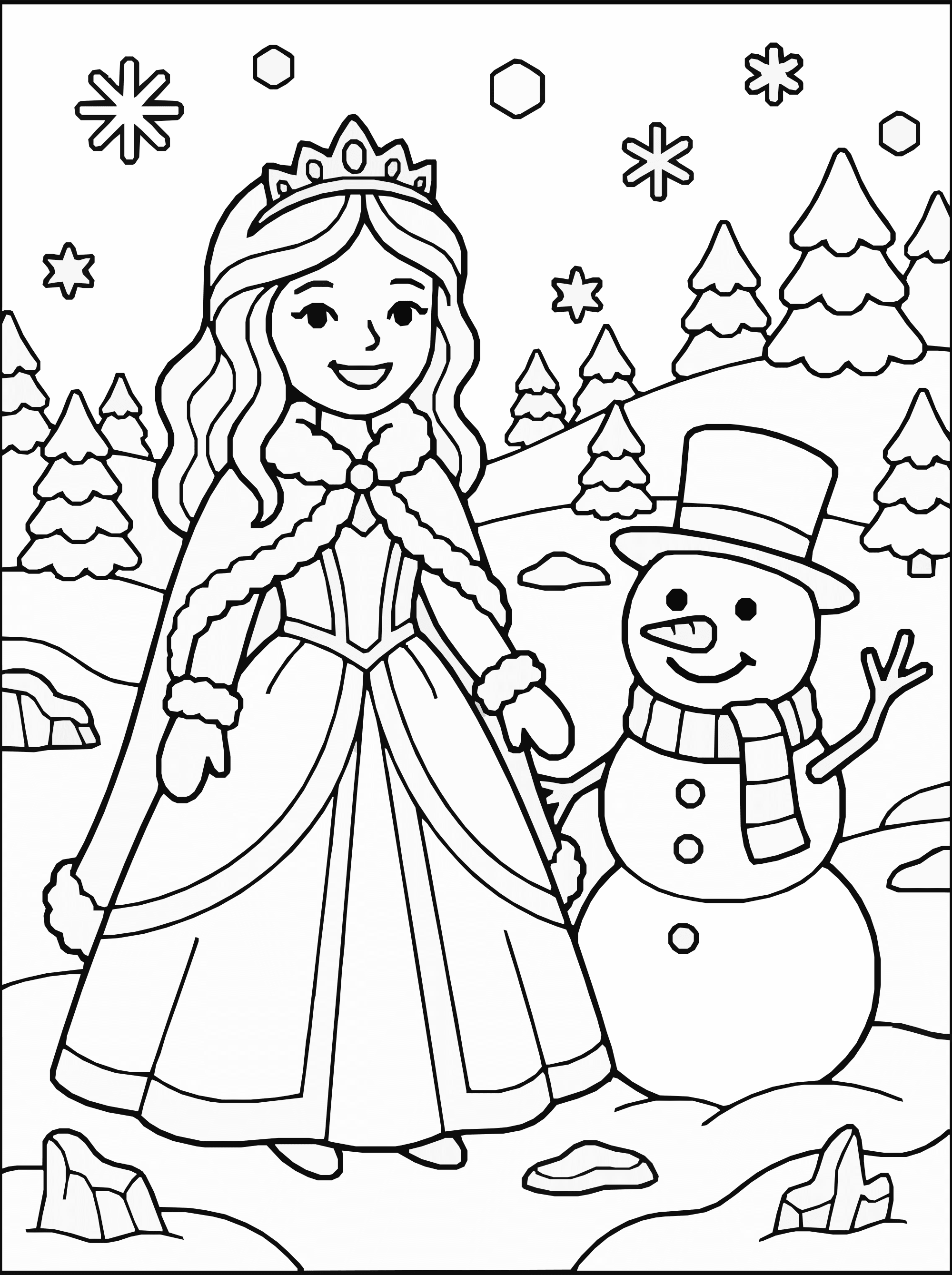 Winter Princess and Snowman Coloring Page Printable