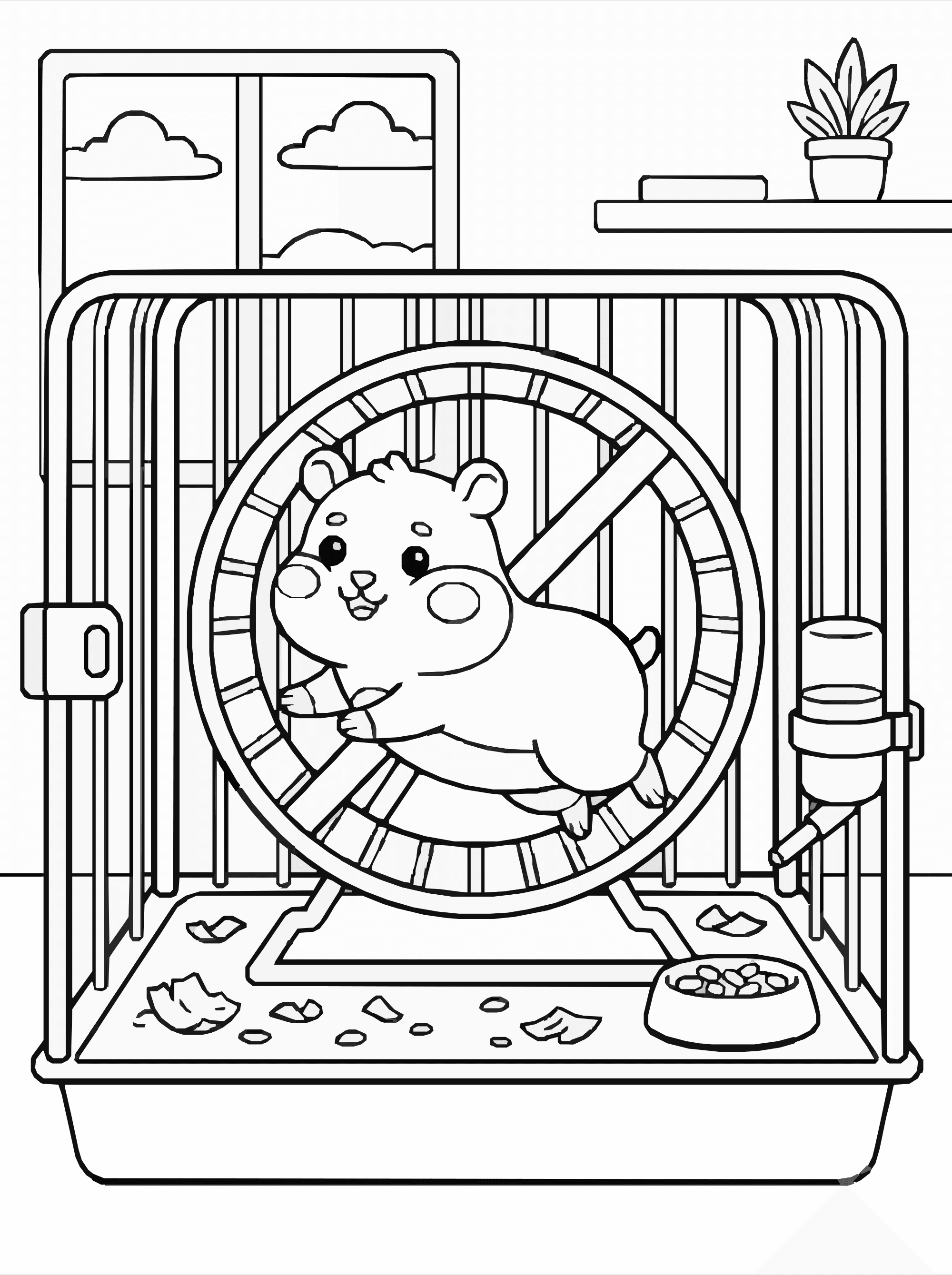 Hamster Coloring Page – Running Wheel Cage Scene Printable
