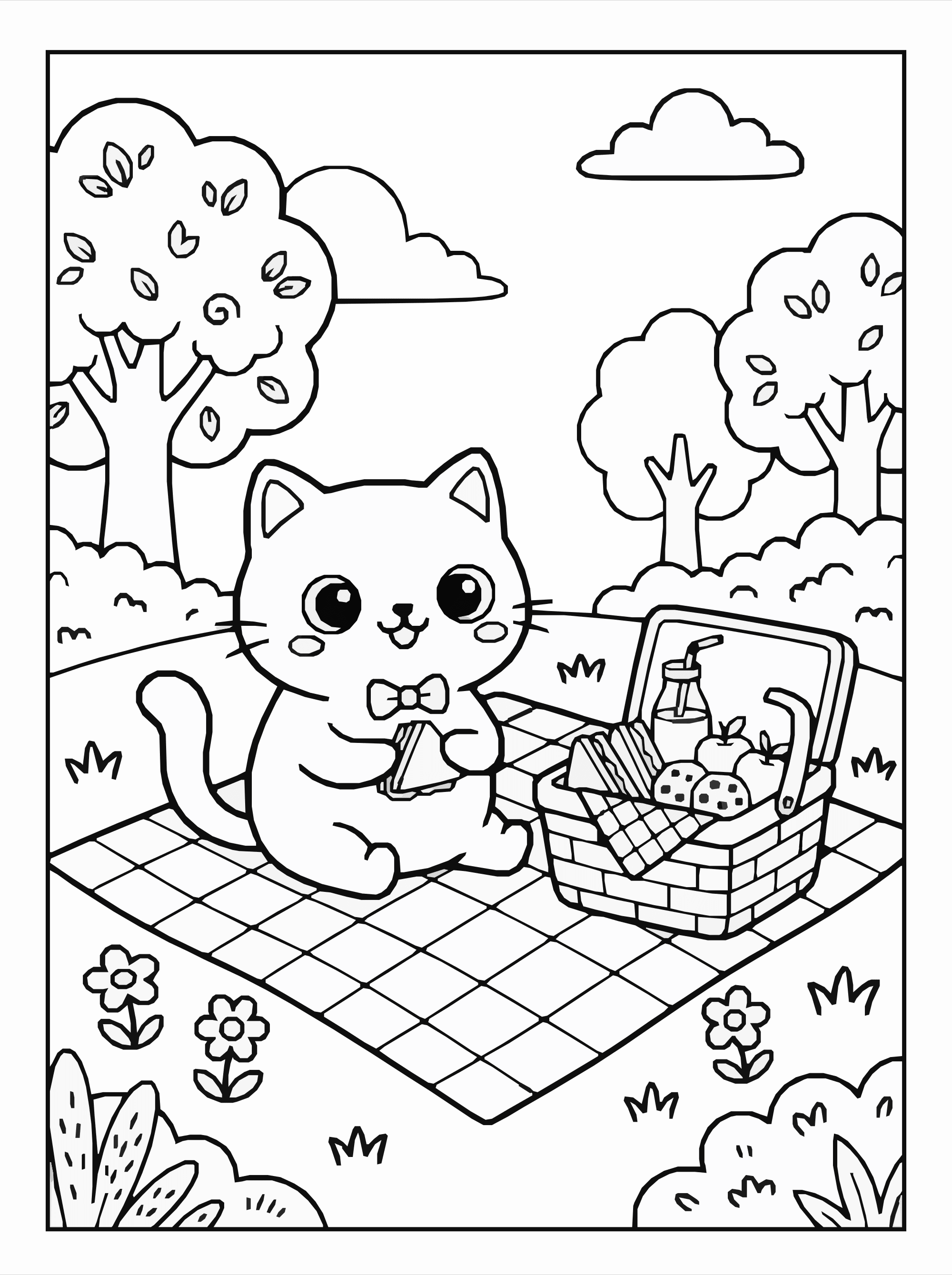 Kawaii Cat Picnic Coloring Page – Park Scene A4