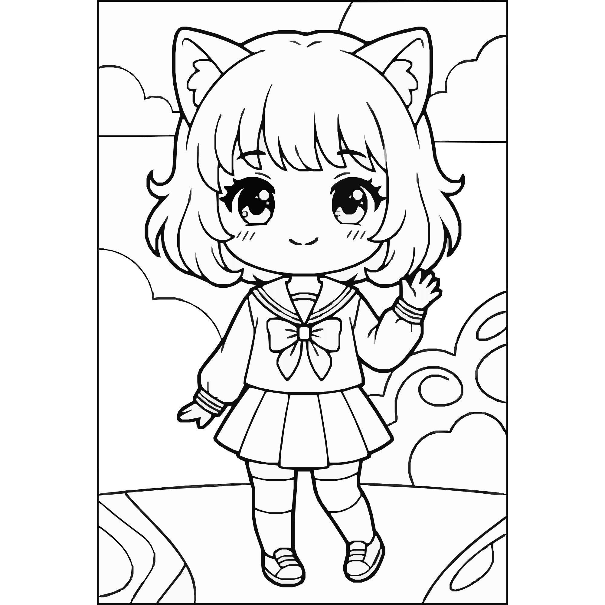 Anime Cat Girl Coloring Page – Cute Neko Character Printable
