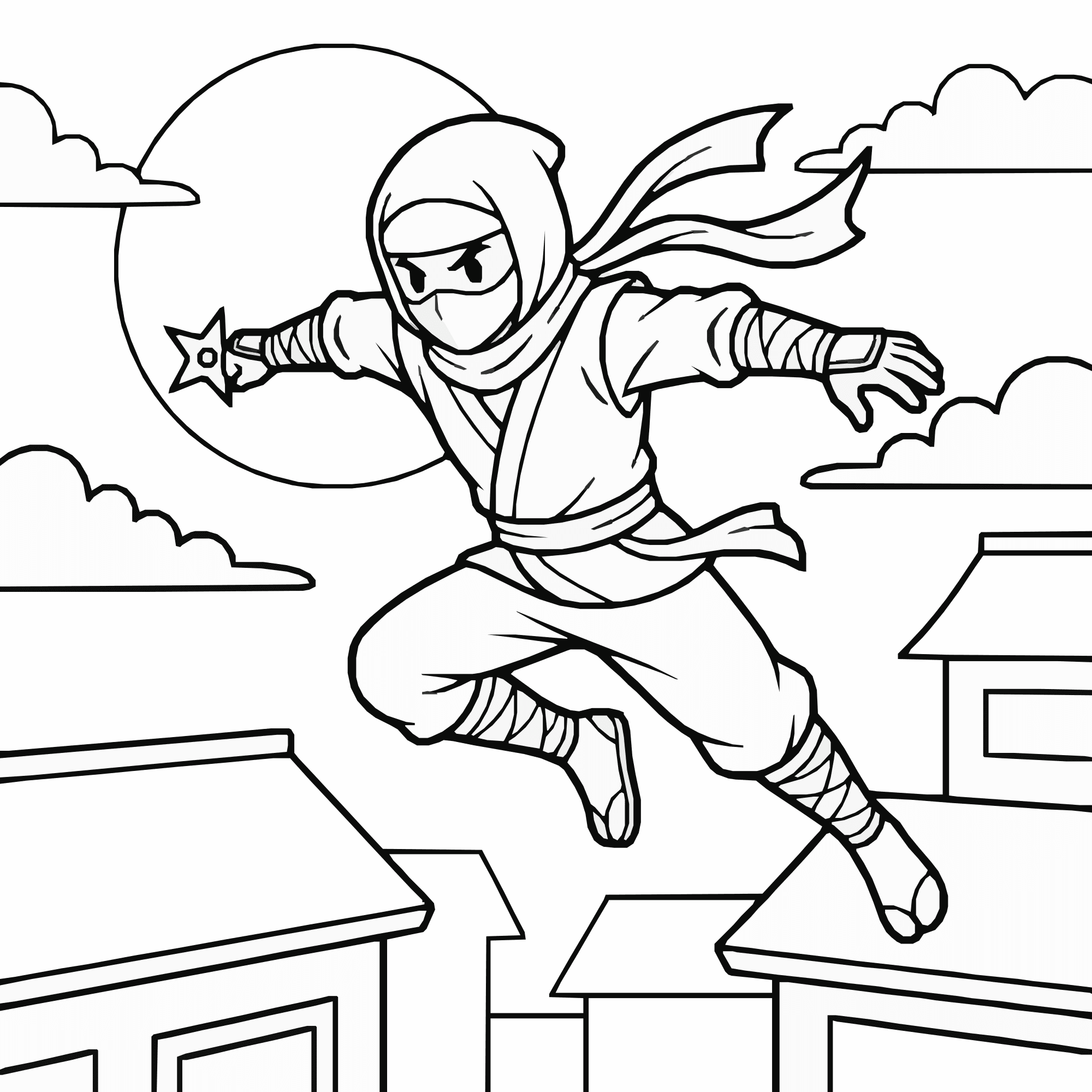 Anime Ninja Coloring Page – Rooftop Chase Scene Printable