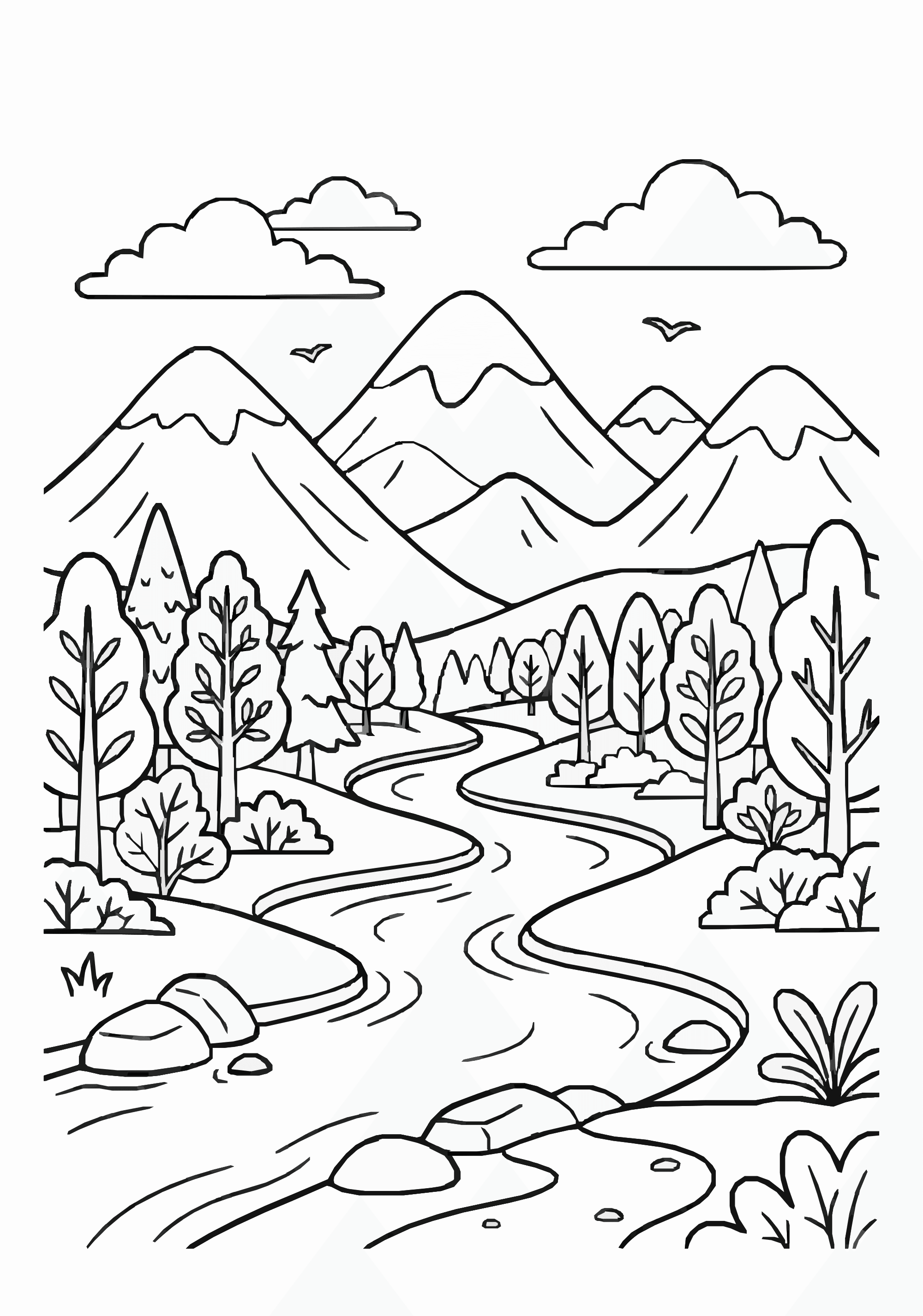 Nature Coloring Page with Mountains and River
