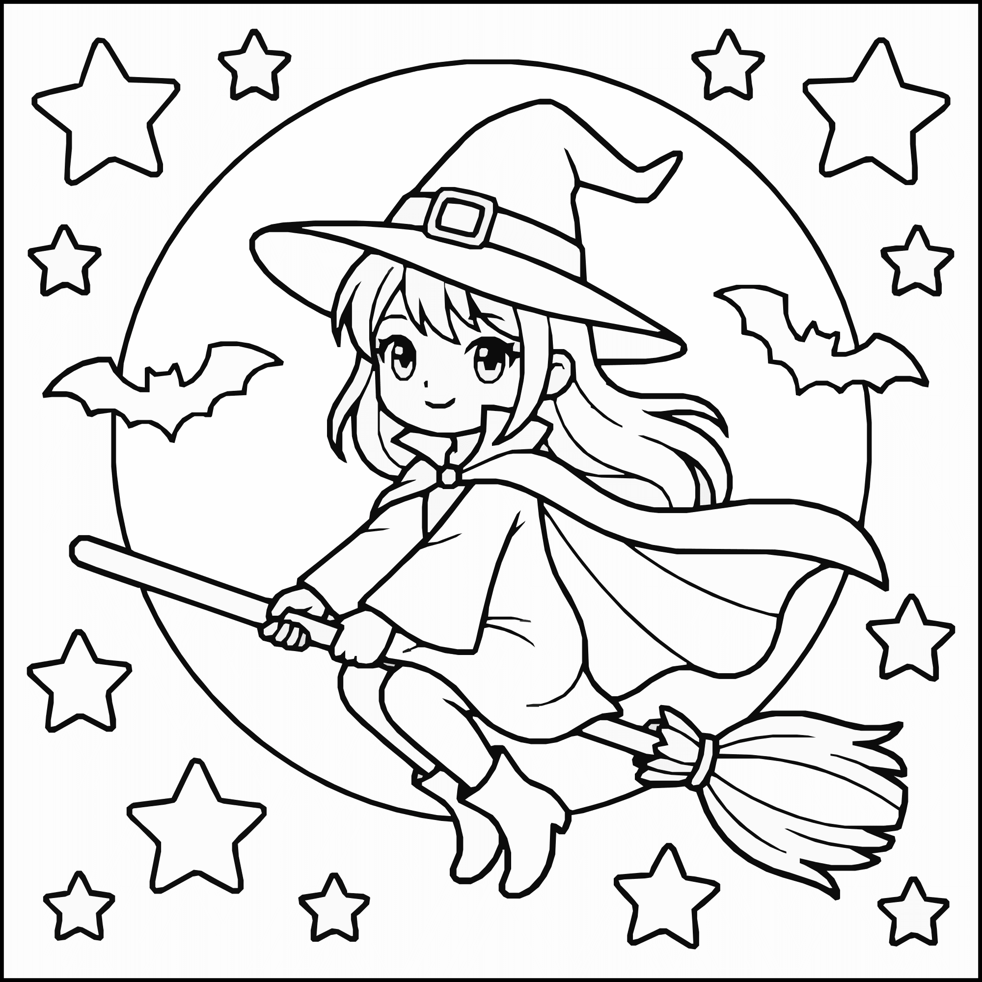 Anime Witch Coloring Page – Magic Broomstick Flight Printable