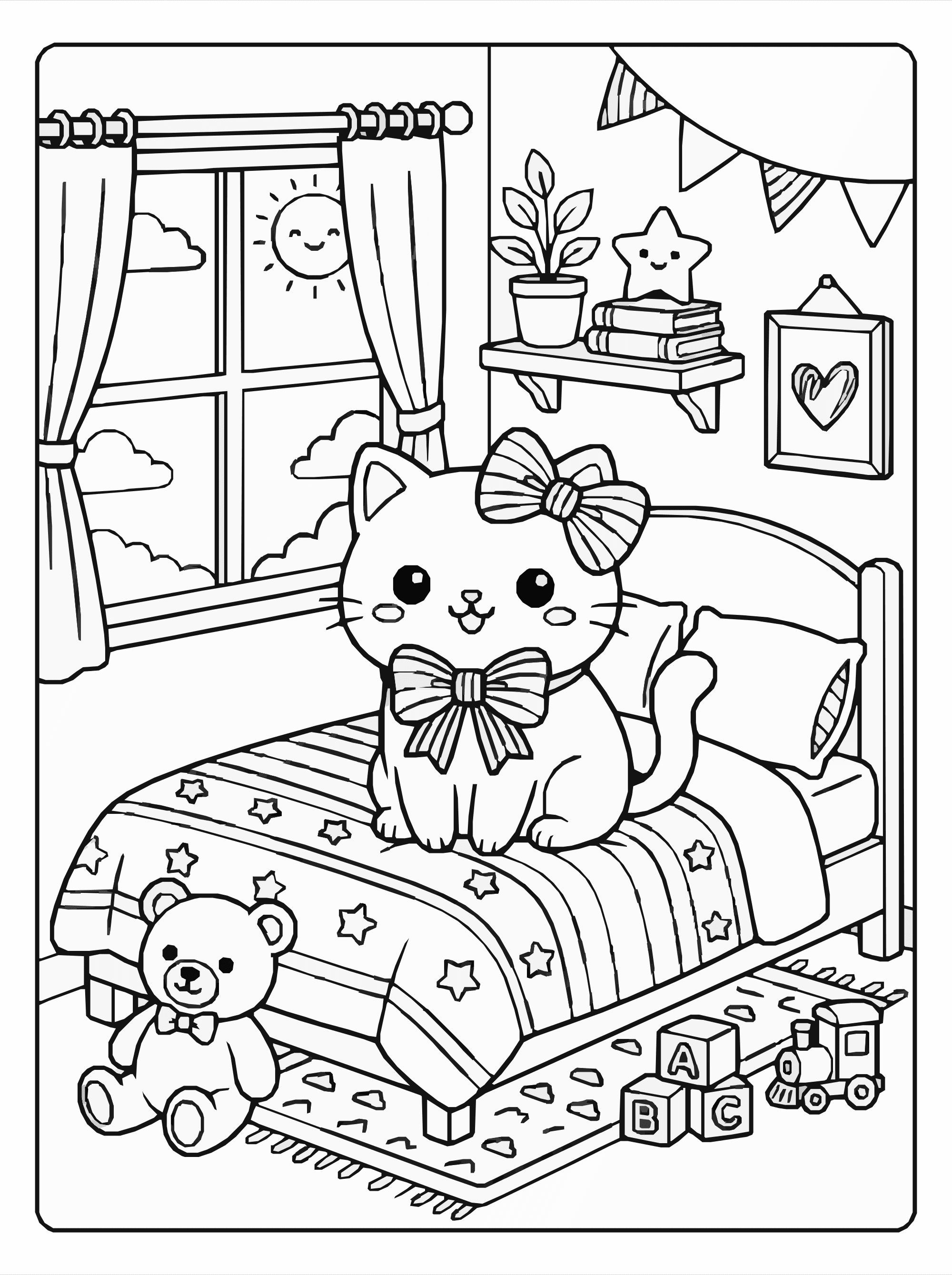 Kawaii Cat Bedroom Coloring Page – Cozy Room A4 Printable