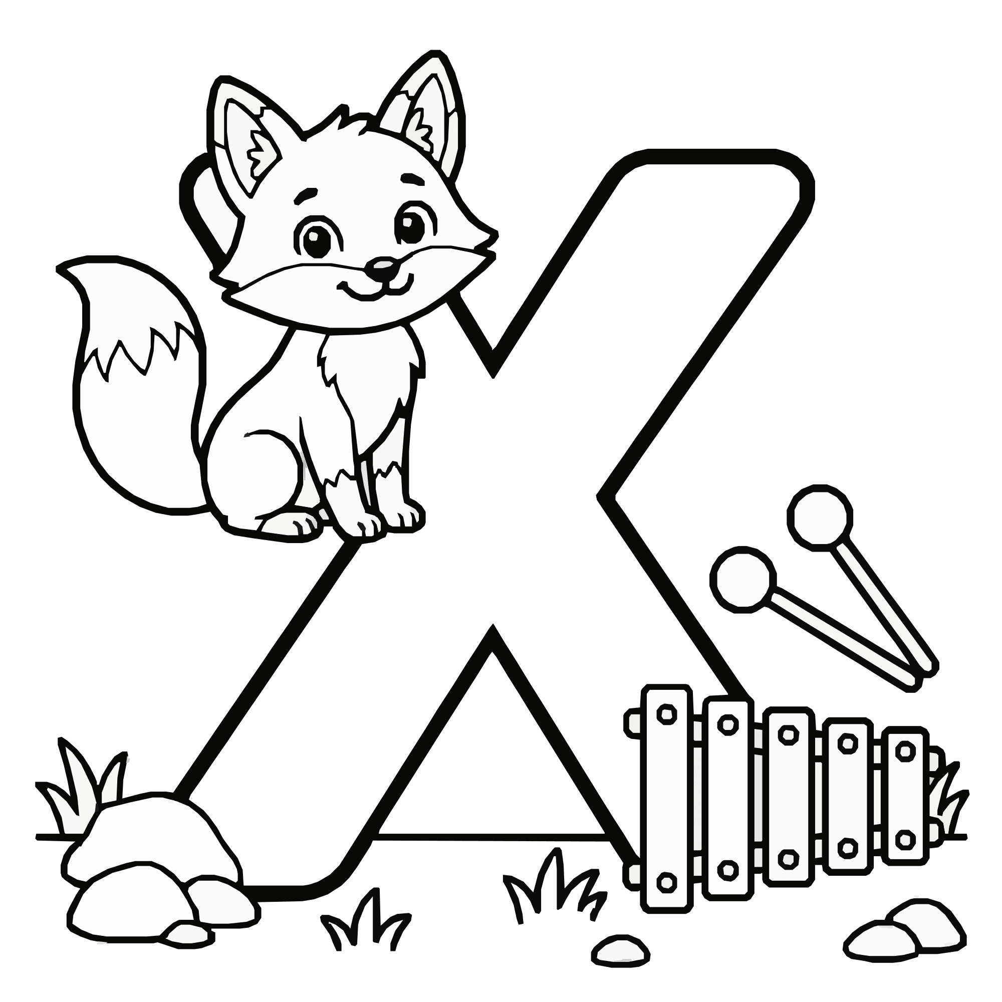 Letter X Coloring Page – Xylophone and Fox Alphabet Printable for Kids