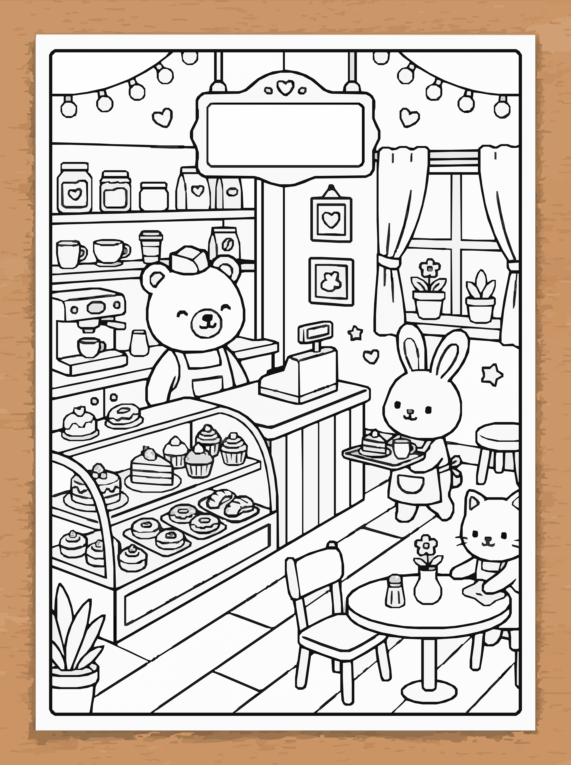 Kawaii Friends Café Coloring Page – Cute Dessert Shop A4