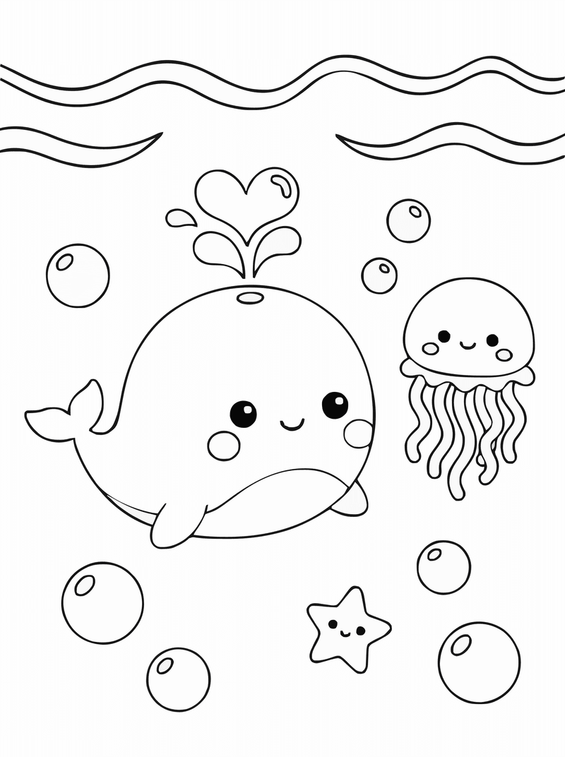 Kawaii Whale Coloring Page – Cute Ocean Friends A4 Coloring Page | Free ...