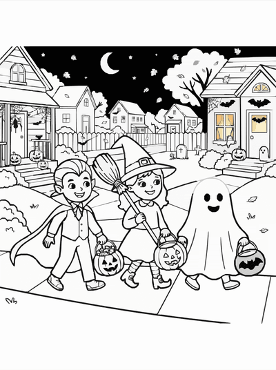 Free printable Trick or Treat Coloring Page – Halloween Kids Street Scene Printable coloring page