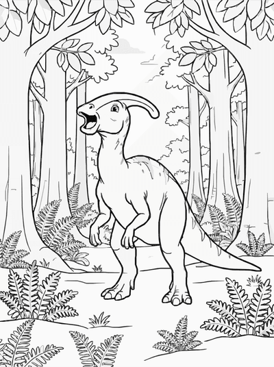 Free printable Parasaurolophus Coloring Page – Prehistoric Forest Call Printable for Kids coloring page