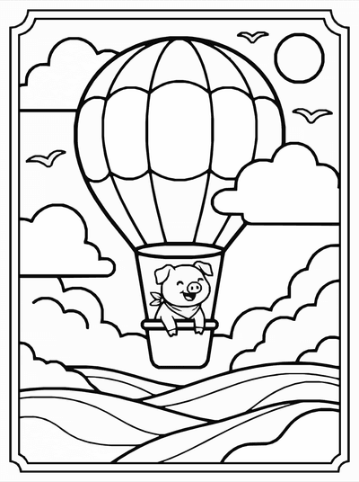 Free printable Pig Hot Air Balloon Coloring Page coloring page