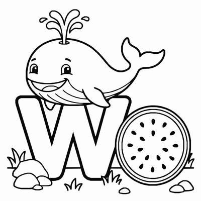 Free printable Letter W Coloring Page – Whale and Watermelon Alphabet Printable for Kids coloring page