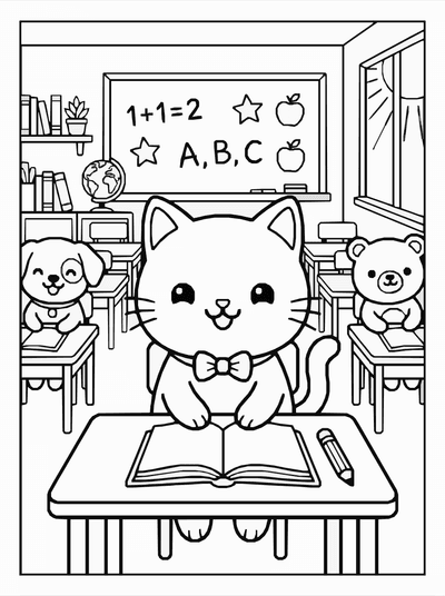 Free printable Kawaii Cat School Coloring Page – Classroom Scene A4 coloring page