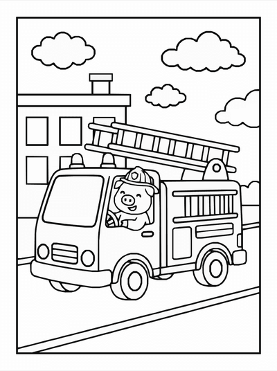 Free printable Pig Fire Truck Coloring Page coloring page