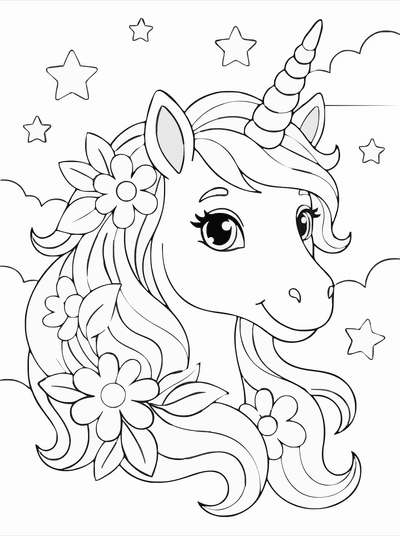 Free printable Unicorn Portrait Coloring Page – Flower Mane Printable coloring page