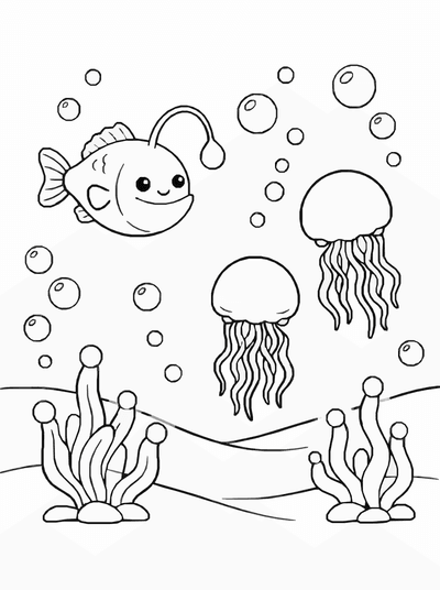 Free printable Deep Sea Glow Coloring Page – Bioluminescent Ocean Printable coloring page