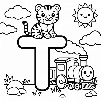 Free printable Letter T Coloring Page – Tiger and Train Alphabet Printable for Kids coloring page