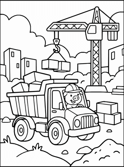 Free printable Pig Construction Truck Coloring Page coloring page