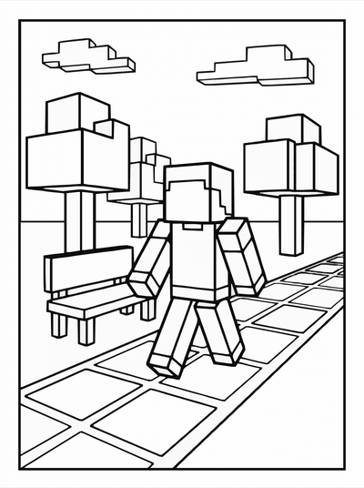 Free printable Roblox Park Adventure Coloring Page – Block Scene A4 Printable coloring page