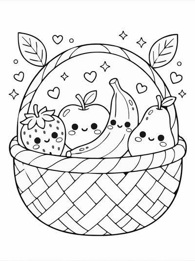 Free printable Kawaii Fruit Friends Coloring Page – Cute Fruit Basket A4 coloring page