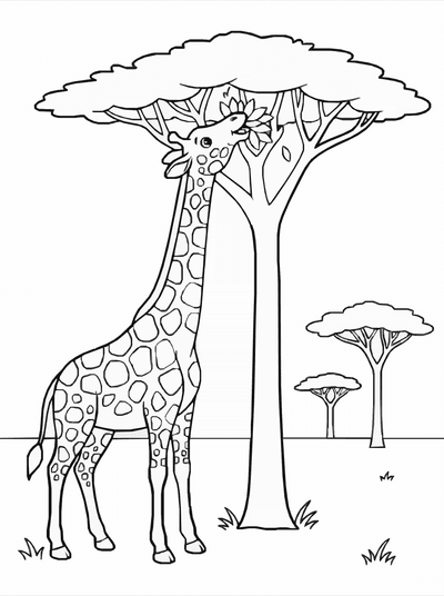 Free printable Giraffe Coloring Page – Tall Tree Snack Scene Printable coloring page