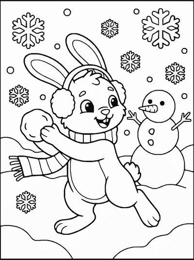 Free printable Bunny Snow Coloring Page – Winter Snowball Play Printable coloring page