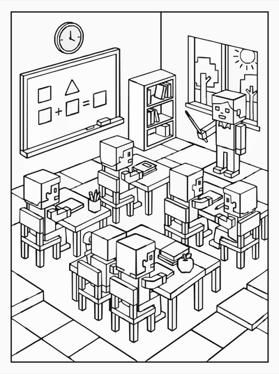 Free printable Roblox School Scene Coloring Page – Block Classroom A4 coloring page