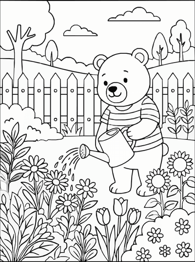 Free printable Cute Bear Gardening Coloring Page coloring page
