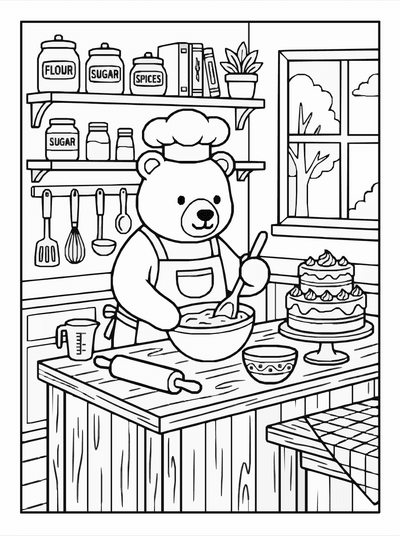Free printable Cute Bear Baking Coloring Page coloring page