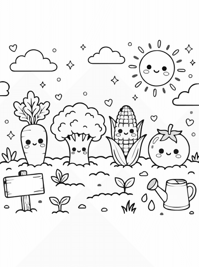 Free printable Kawaii Veggie Friends Coloring Page – Cute Vegetable Patch A4 coloring page