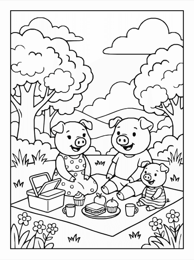 Free printable Cute Pig Family Picnic Coloring Page coloring page