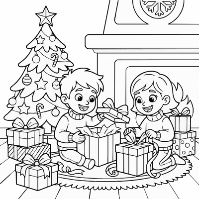 Free printable Christmas Morning Coloring Page – Kids Opening Gifts Printable coloring page
