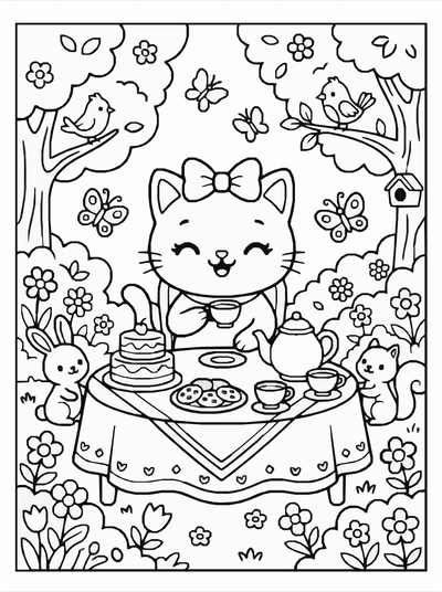 Free printable Cute Kawaii Cat Tea Party Coloring Page – Garden Scene A4 coloring page