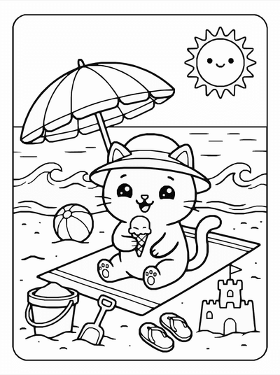 Free printable Kawaii Cat Beach Coloring Page – Summer Scene A4 Printable coloring page