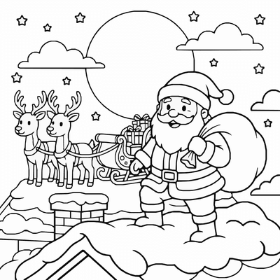 Free printable Santa Claus Coloring Page – Rooftop Christmas Night Printable coloring page