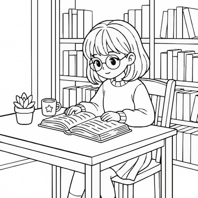 Free printable Anime Girl Coloring Page – Cozy Library Reading Printable coloring page