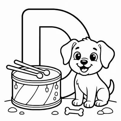 Free printable Letter D Coloring Page – Dog and Drum Alphabet Printable for Kids coloring page