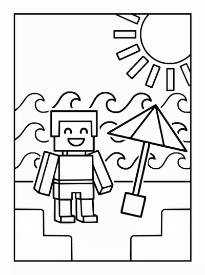 Free printable Roblox Beach Scene Coloring Page – Block Summer A4 Printable coloring page