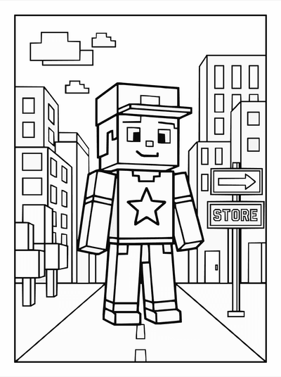 Free printable Roblox City Street Coloring Page – Block World Scene A4 coloring page