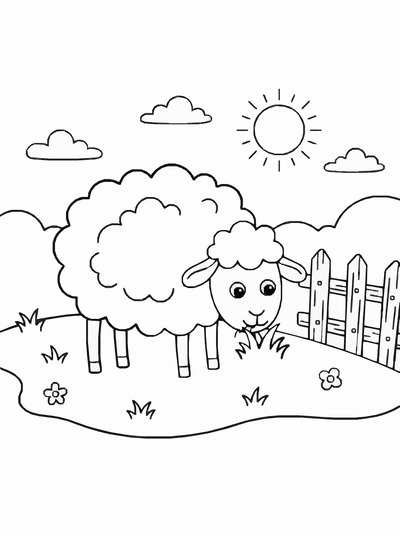 Free printable Sheep Coloring Page – Countryside Farm Scene Printable coloring page