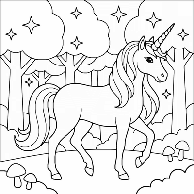 Free printable Unicorn Coloring Page – Magic Forest Scene Printable coloring page