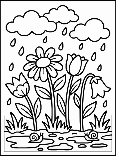 Free printable Rainy Day Flowers Coloring Page coloring page