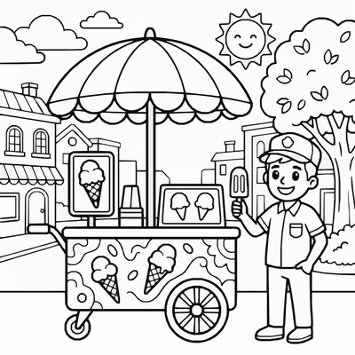 Free printable Ice Cream Cart Coloring Page – Happy Street Scene Printable coloring page