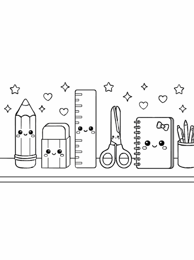 Free printable Kawaii Stationery Coloring Page – Cute Pencil Case Friends A4 coloring page