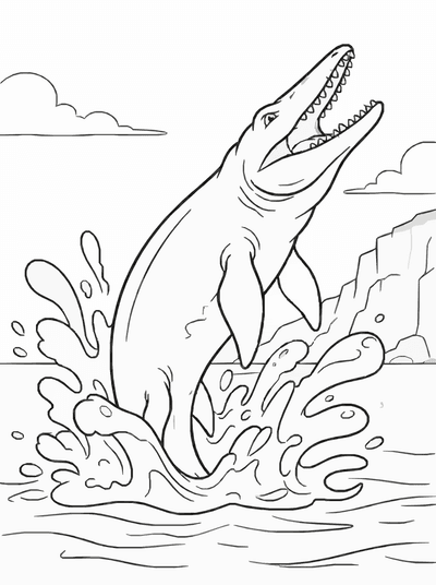 Free printable Mosasaurus Coloring Page – Sea Monster Ocean Leap Printable for Kids coloring page